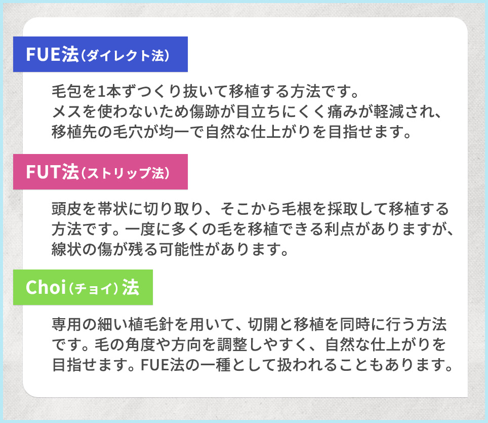 主な自毛植毛の説明(3種)